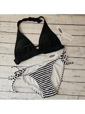 Old Navy Black White Striped Bathing Suit Swimsuit Bikini Halter XS New
